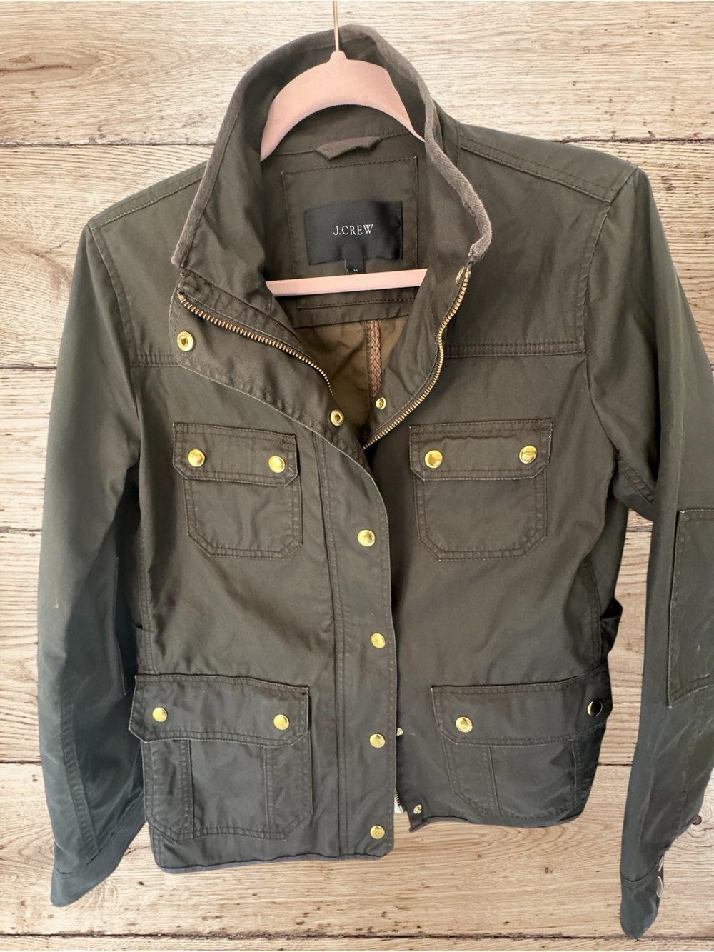 J. Crew Ladies Zip Front Olive Resin Coated Field Jacket with Brass-Tone Snaps